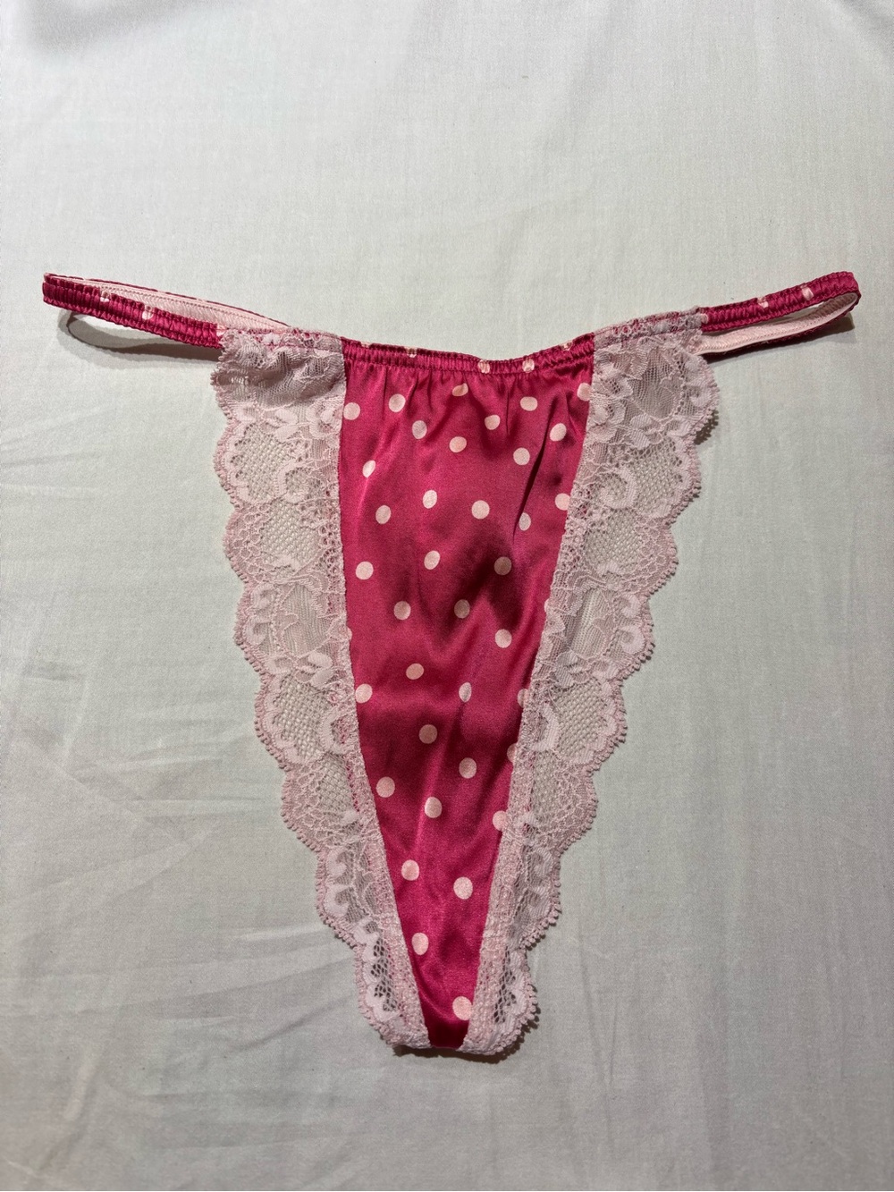 Vintage Rare Victoria's Secret Silk Hot Pink Polka Dot Lace Thong